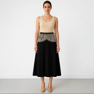 Cache Black A-Line Skirt with Beige Ornate Waist Panel